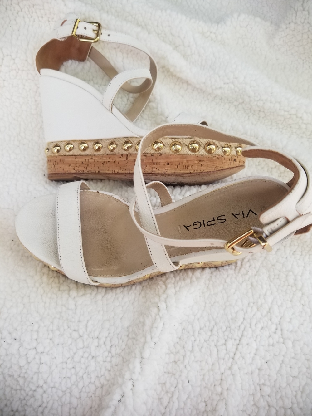Via Spiga White Wedge Sandals with Gold Stud Trim